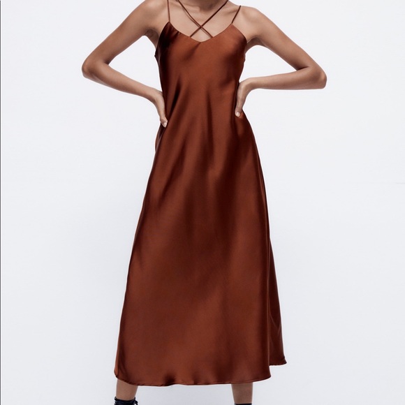 zara-dresses-zara-brown-satin-midi-dress-poshmark